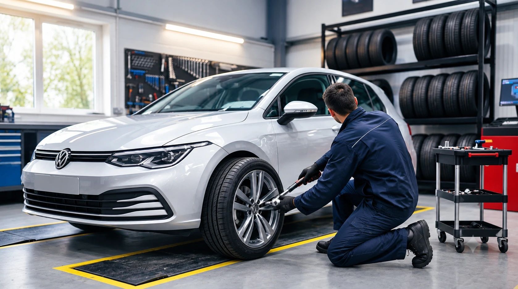 Technician fitting a tyre in the workshop