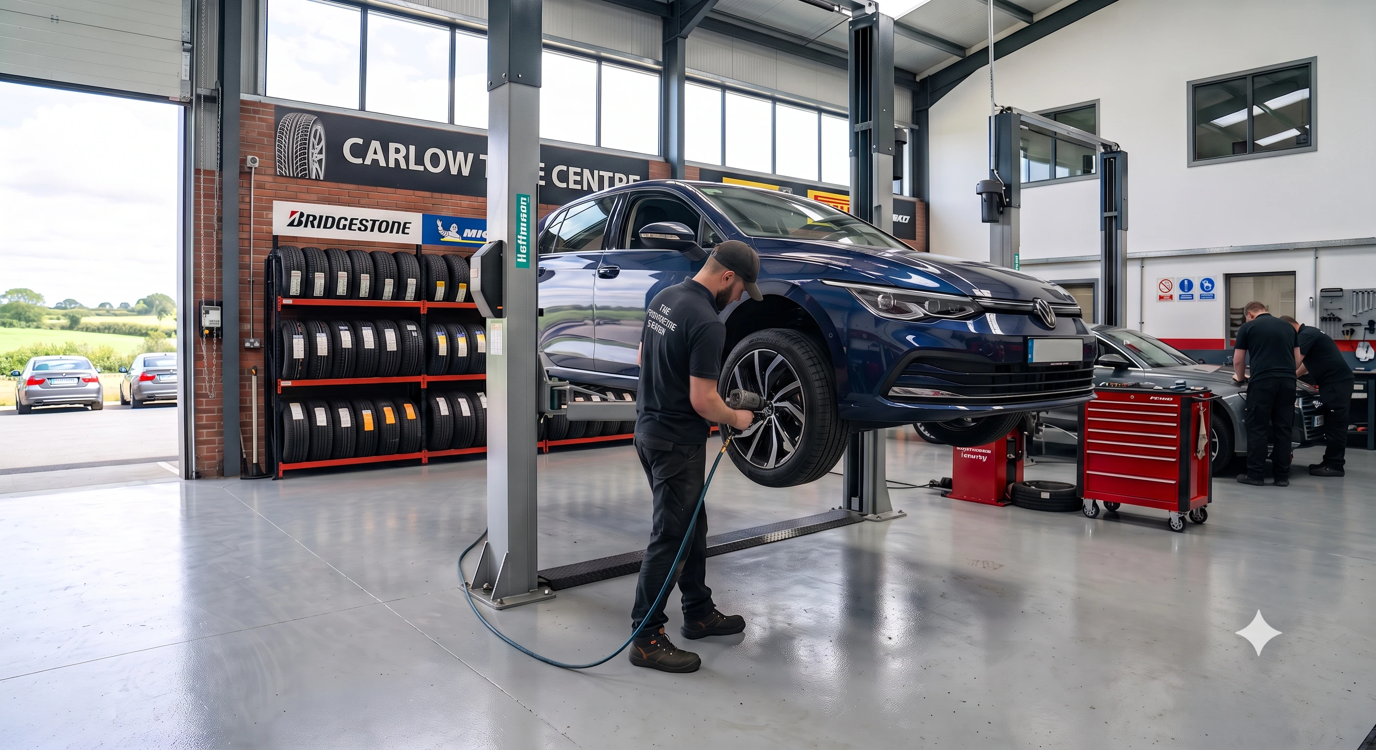 Professional tyre fitting workshop with vehicle and tools