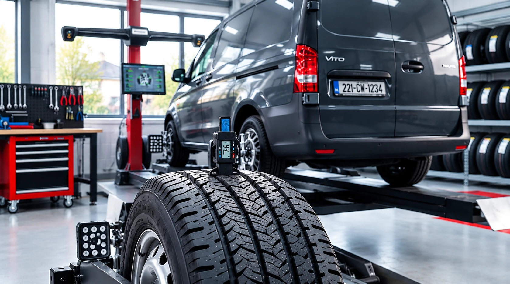 Technician inspecting a vehicle wheel